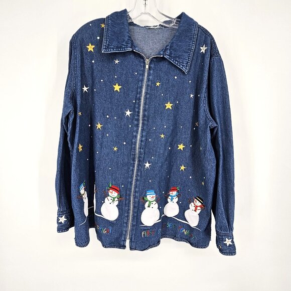 Quacker Factory Snowman Denim Jean Jacket 1X Zip Christmas Embroidered Holiday - Picture 1 of 11